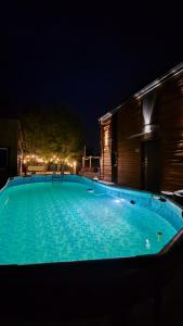 a large blue swimming pool at night at Riwiera Strzelecka in Strzelce Małe