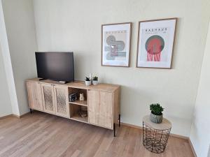 een woonkamer met een televisie op een houten kast bij Erlenmatt in Bazel