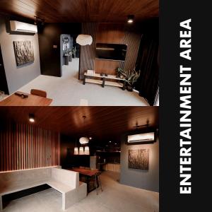 two pictures of a room with a bench and a table at Privé Cabin in Bacolor
