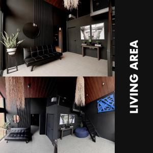 a living room with a couch and a fireplace at Privé Cabin in Bacolor +1 photo