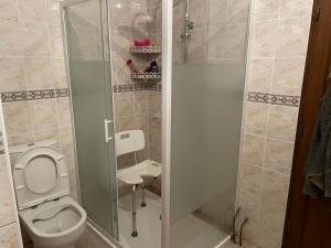 a bathroom with a toilet and a glass shower at La ferme du Baume, Loiret in Beaune-la-Rolande