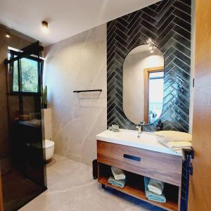 een badkamer met een wastafel en een spiegel bij Villa Supreme Pašman Zadar in Ždrelac