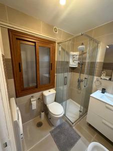 a bathroom with a toilet and a glass shower at Winsdor Costa Adeje Apartment in Adeje