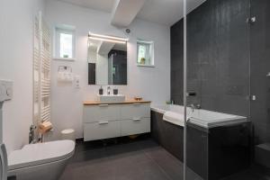 ブダペストにあるEarthy Elegance Apartmentの洗面台、トイレ、シャワー付きのバスルーム +14枚の写真