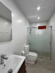 a bathroom with a toilet and a glass shower at Villa Cariño - Apartamento en Malpica de Bergantiños in Malpica +16 photos