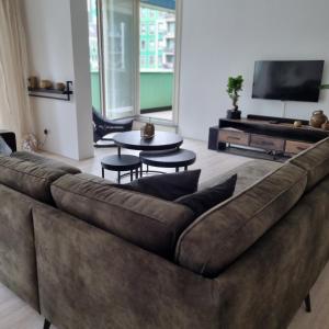 ein Wohnzimmer mit einem braunen Sofa und einem TV in der Unterkunft Hermitage Suites & Apartments - Amsterdam Zaandam in Zaandam