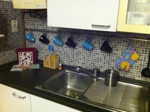 un lavandino da cucina con tazze blu su una parete piastrellata di Casa Vacanze Orchidea CIR0347AT00249 a Parma
