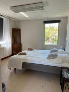 a large bed in a room with a window at Mellerum på Österlen in Simrishamn