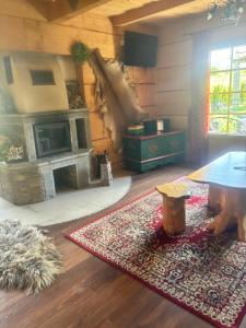 a living room with a table and a rug at Góralskie przytulne Domki u Kantora 13E in Poronin
