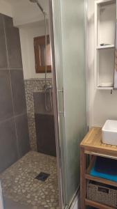 une douche avec une porte vitrée dans une salle de bain dans l'établissement Chez Isa et Ray, un gîte en Provence, à Châteaurenard 9 autres photos