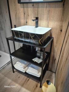 a sink on a shelf in a bathroom at B&B Centar in Zagreb +33 photos