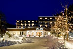 un hotel en la nieve por la noche en Alpenhotel Weitlanbrunn, en Sillian