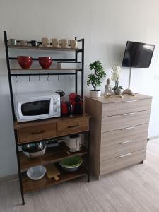 a microwave oven on a shelf in a kitchen at Appartement au Cap d'Agde in Cap d'Agde