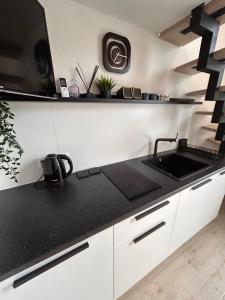 - une cuisine avec un plan de travail noir et un évier dans l'établissement Urban Nest Palanga, à Palanga