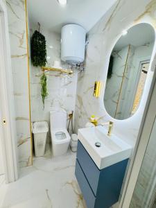 a bathroom with a sink and a mirror and a toilet at Fuenlabrada in Fuenlabrada