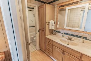 a bathroom with a sink and a shower at Parkstrip Place, Pet Friendly Downtown Home in Anchorage