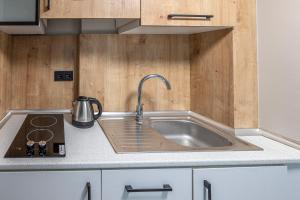 a kitchen with a stainless steel sink and wooden cabinets at Calanthe Residence in Istanbul