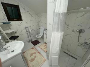 a bathroom with a shower and a sink and a toilet at Apartment Alisha in Cazin +8 photos