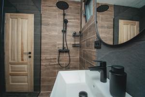 une salle de bain avec un lavabo, une douche et un miroir dans l'établissement Mountain homes Durmitor 3, à Žabljak 34 autres photos
