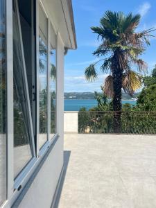 a view of the ocean from a house with a palm tree at Apartments Ballabanka in Koper