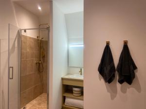 PoussanにあるLes appartements du vieux Poussanのシャワーと洗面台付きのバスルーム