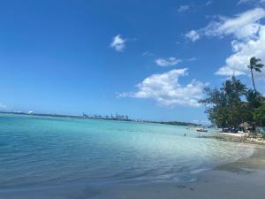 a beach with blue water and palm trees on it at Guest House A&H in Boca Chica