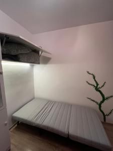 a bed in a room with a plant on the wall at Mimosa Studio in Cluj-Napoca