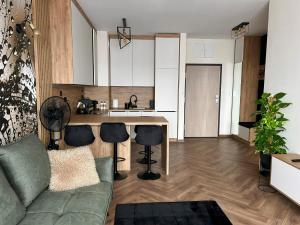 a living room with a couch and a kitchen at Apartamenty Termal Water Długa 9 m31 in Uniejow