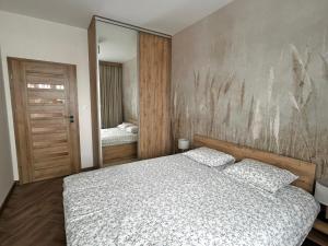 a bedroom with a bed and a large mirror at Apartamenty Termal Water Długa 9 m31 in Uniejow
