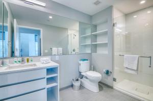 a bathroom with a toilet and a sink and a shower at Luxury Apt with City Views in Boston
