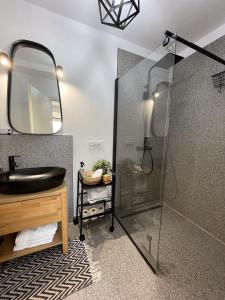 a bathroom with a sink and a glass shower at Sibiu City Lights in Şura Mare