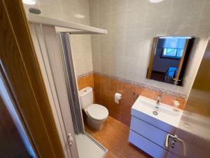 a bathroom with a toilet and a sink and a mirror at O Nido de Noe in Melide