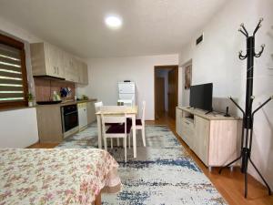 a room with a kitchen and a table with a bed at Apartment Centar in Kočani