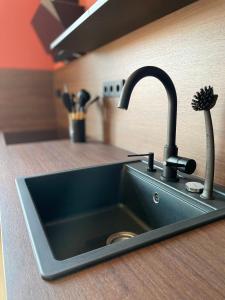a kitchen sink with a faucet on a counter at NEU! OASIS - FeWo am Harz, hochwertig Kernsaniert, 83 qm, EG in Nordhausen +30 photos