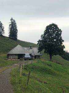 PlaffeienにあるStaldenhaus Riggisalpの山の上の家の前に停められた車