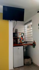 eine Küche mit einer Arbeitsplatte und einer Mikrowelle in der Unterkunft Le Patio Fleuri - Studio et terrasse privé à Cayenne in Cayenne