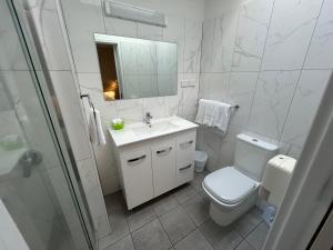 a bathroom with a toilet and a sink and a mirror at Frewville Motor Inn in Adelaide +60 photos