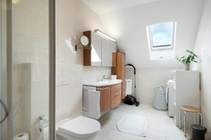 a bathroom with a toilet and a sink and a shower at Appartement Rosi in Ihrlerstein +19 photos