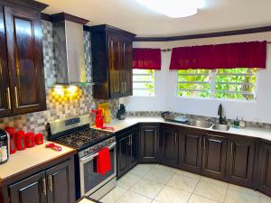 a kitchen with wooden cabinets and a stove top oven at Casa Carimi, San Ignacio in San Ignacio