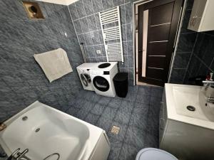 a bathroom with a sink and a toilet at Jules Cozy Place in Bucharest