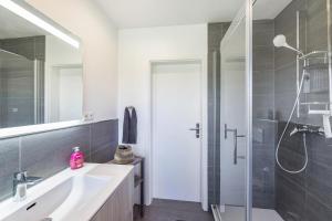 a bathroom with a white sink and a shower at Ferienhaus Am See in Wachtendonk +23 photos