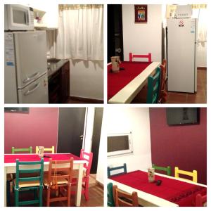 three pictures of a kitchen with a table and a refrigerator at WaraKusi Country Houses - Off Road in Salta