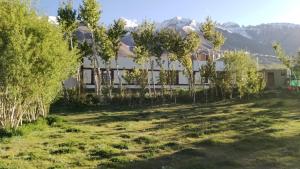 a house with trees and mountains in the background at Padmaling guest house zanskar eco camp in Padam