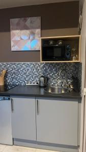 a kitchen counter with a sink and a microwave at Mini studio et espace extérieur in Méry-sur-Oise