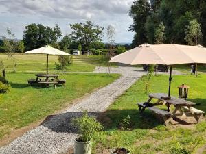 two picnic tables and umbrellas in a field at Lower Haven Shepherds Hut in Bath