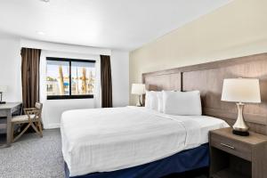 a hotel room with a large bed and a desk at Las Vegas Serene Hotel in Las Vegas