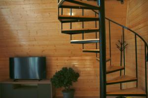 a spiral staircase in a room with a tv at Cottage Lemons In Gonio in Batumi