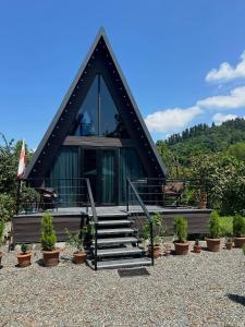 a house with a thatched roof with stairs and plants at Cottage Lemons In Gonio in Batumi