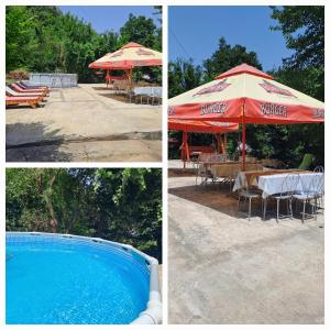 two pictures of a swimming pool with a table and an umbrella at Cabana Elyana Mraconia in Eşelniţa