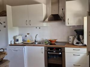 a kitchen with white cabinets and a stove top oven at Casa Azul Oase da Natureza em Recanto in Recanto +14 photos